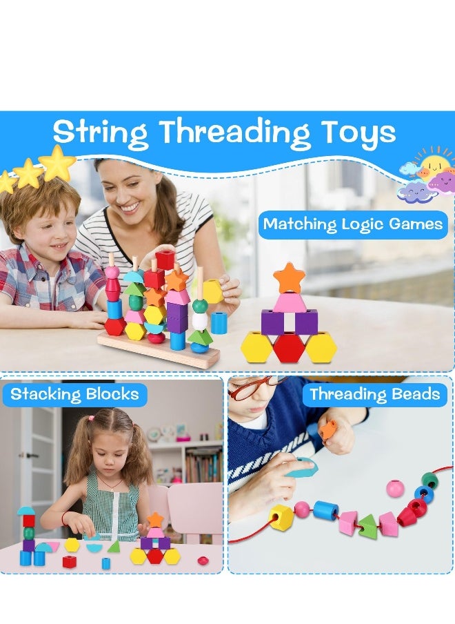 null - Montessori Lacing Bead Sequencing Toy Set, Fine Motor Skills Toys for Toddlers, Wooden Beads Stacking Blocks Matching Shape Colors Counting Block, Learning Resources Toys for Toddlers 3 4 5 Years Old - Image 1