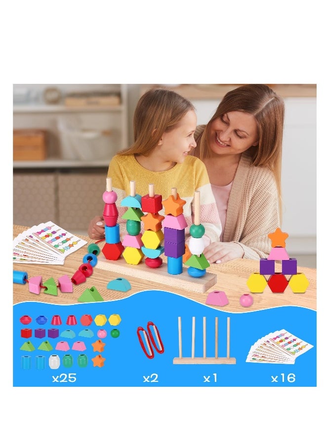 null - Montessori Lacing Bead Sequencing Toy Set, Fine Motor Skills Toys for Toddlers, Wooden Beads Stacking Blocks Matching Shape Colors Counting Block, Learning Resources Toys for Toddlers 3 4 5 Years Old - Image 1