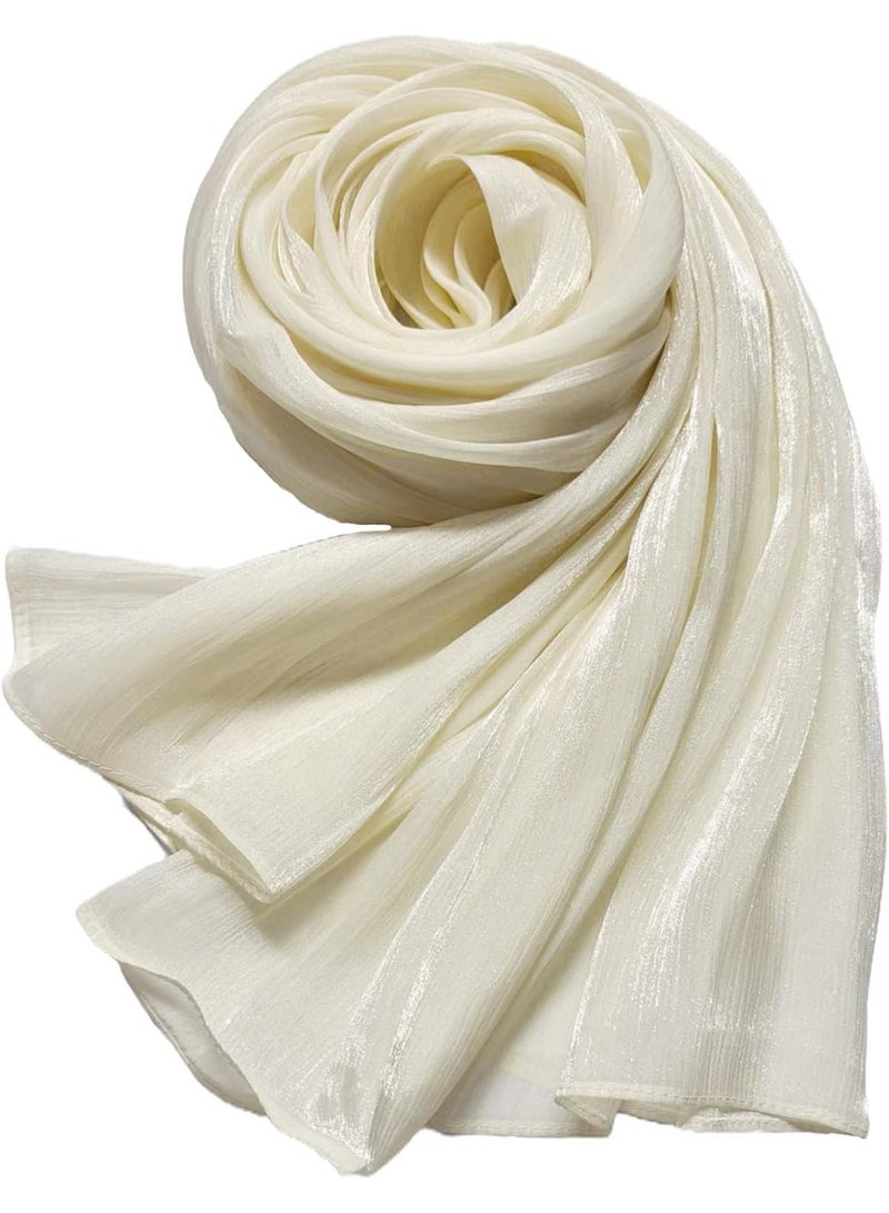 Off White Shiny Gloss Chiffon Hijab Scarf 180*70cm, Women Elegant Lightweight Wedding Shawl Wrap Cape - Image 1