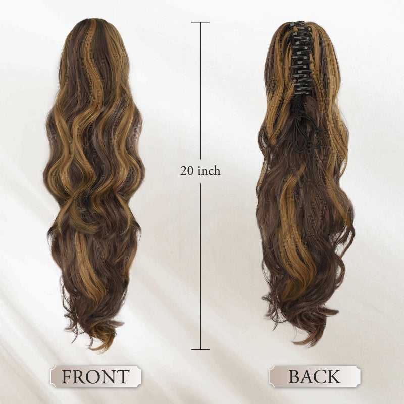 BARSDAR Claw Clip Ponytail Extension - 20 Inch Wavy Highlight Ponytail Hair Extensions for Women - Synthetic Claw Clip in Pony Tail Hairpieces Daily - Brown & Auburn - Image 2
