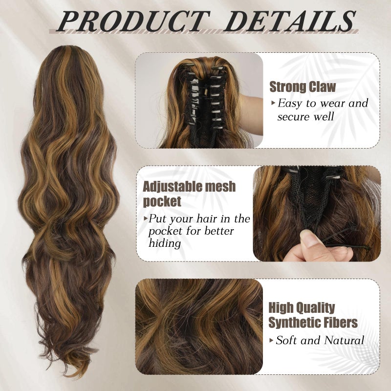 BARSDAR Claw Clip Ponytail Extension - 20 Inch Wavy Highlight Ponytail Hair Extensions for Women - Synthetic Claw Clip in Pony Tail Hairpieces Daily - Brown & Auburn - Image 3