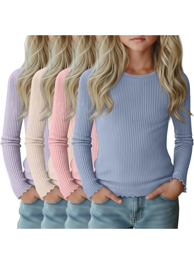 LessonZoo 4 Pack Girl's Long Sleeve Shirts Cotton Ribbed Knit Tops Crew Neck Lettuce Trim Tee Shirt Basic Solid Fitted Blouse, Light Purple, Cream, Light Pink, Light Blue, 9-10 Years - Image 1