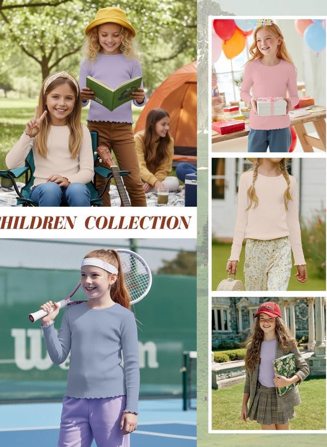 LessonZoo 4 Pack Girl's Long Sleeve Shirts Cotton Ribbed Knit Tops Crew Neck Lettuce Trim Tee Shirt Basic Solid Fitted Blouse, Light Purple, Cream, Light Pink, Light Blue, 9-10 Years - Image 2