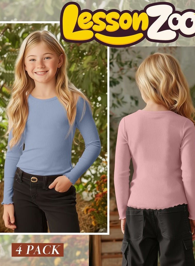 LessonZoo 4 Pack Girl's Long Sleeve Shirts Cotton Ribbed Knit Tops Crew Neck Lettuce Trim Tee Shirt Basic Solid Fitted Blouse, Light Purple, Cream, Light Pink, Light Blue, 9-10 Years - Image 4