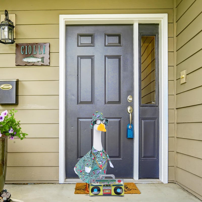 CAMDUCK 5 Pcs Summer Porch Goose Outfits, 80s 90s Hip Hop Costume Outfit for 23'' Goose Statue, Porch Goose Clothes Accessories with Hawaiian Hat Skirt Glasses Necklace Inflatable Radio Boom Box - Image 5