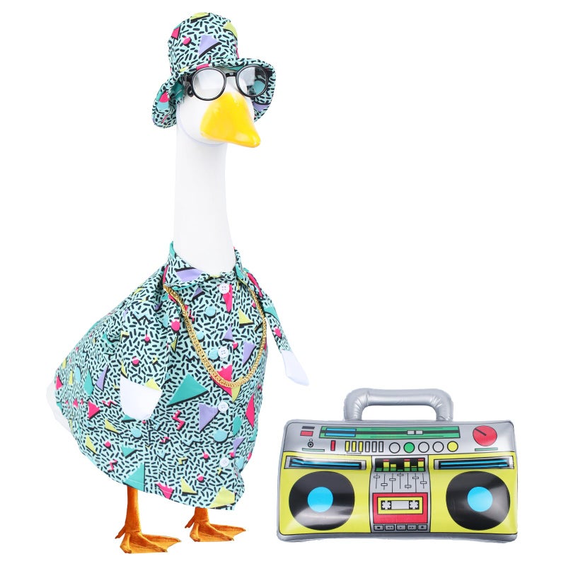 CAMDUCK 5 Pcs Summer Porch Goose Outfits, 80s 90s Hip Hop Costume Outfit for 23'' Goose Statue, Porch Goose Clothes Accessories with Hawaiian Hat Skirt Glasses Necklace Inflatable Radio Boom Box - Image 1