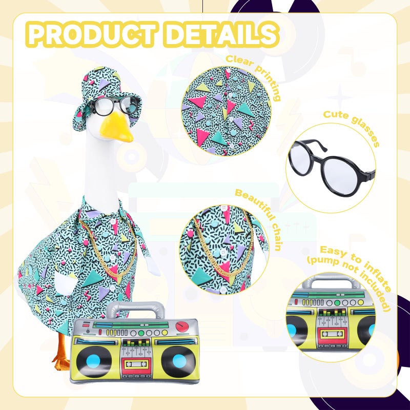 CAMDUCK 5 Pcs Summer Porch Goose Outfits, 80s 90s Hip Hop Costume Outfit for 23'' Goose Statue, Porch Goose Clothes Accessories with Hawaiian Hat Skirt Glasses Necklace Inflatable Radio Boom Box - Image 3