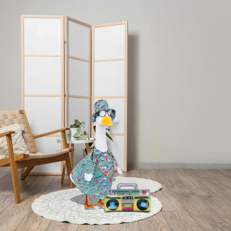CAMDUCK 5 Pcs Summer Porch Goose Outfits, 80s 90s Hip Hop Costume Outfit for 23'' Goose Statue, Porch Goose Clothes Accessories with Hawaiian Hat Skirt Glasses Necklace Inflatable Radio Boom Box - Image 4