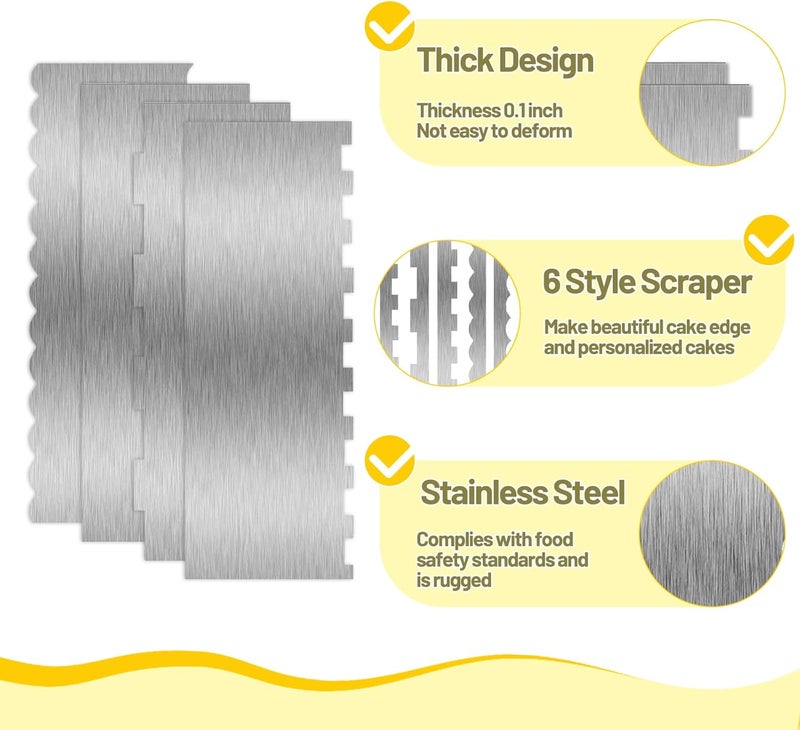 Abvsdu 4 Piece 9 Inch Stainless Steel Cake Scraper, Cream Cake Scraper Sided Patterned Edge Stripe Edge Smoother Scraper Cake Smoother Frosting Scraper Cake Decorating Comb for Mousse Butter Cream - Image 3