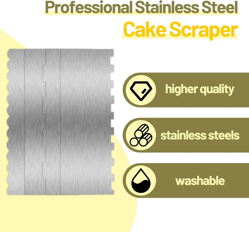 Abvsdu 4 Piece 9 Inch Stainless Steel Cake Scraper, Cream Cake Scraper Sided Patterned Edge Stripe Edge Smoother Scraper Cake Smoother Frosting Scraper Cake Decorating Comb for Mousse Butter Cream - Image 4