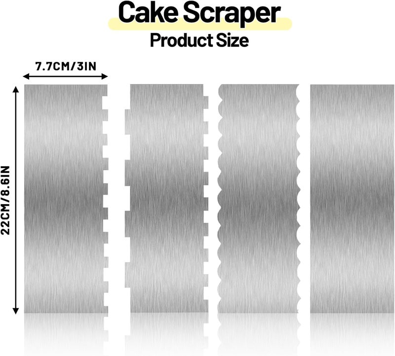 Abvsdu 4 Piece 9 Inch Stainless Steel Cake Scraper, Cream Cake Scraper Sided Patterned Edge Stripe Edge Smoother Scraper Cake Smoother Frosting Scraper Cake Decorating Comb for Mousse Butter Cream - Image 2