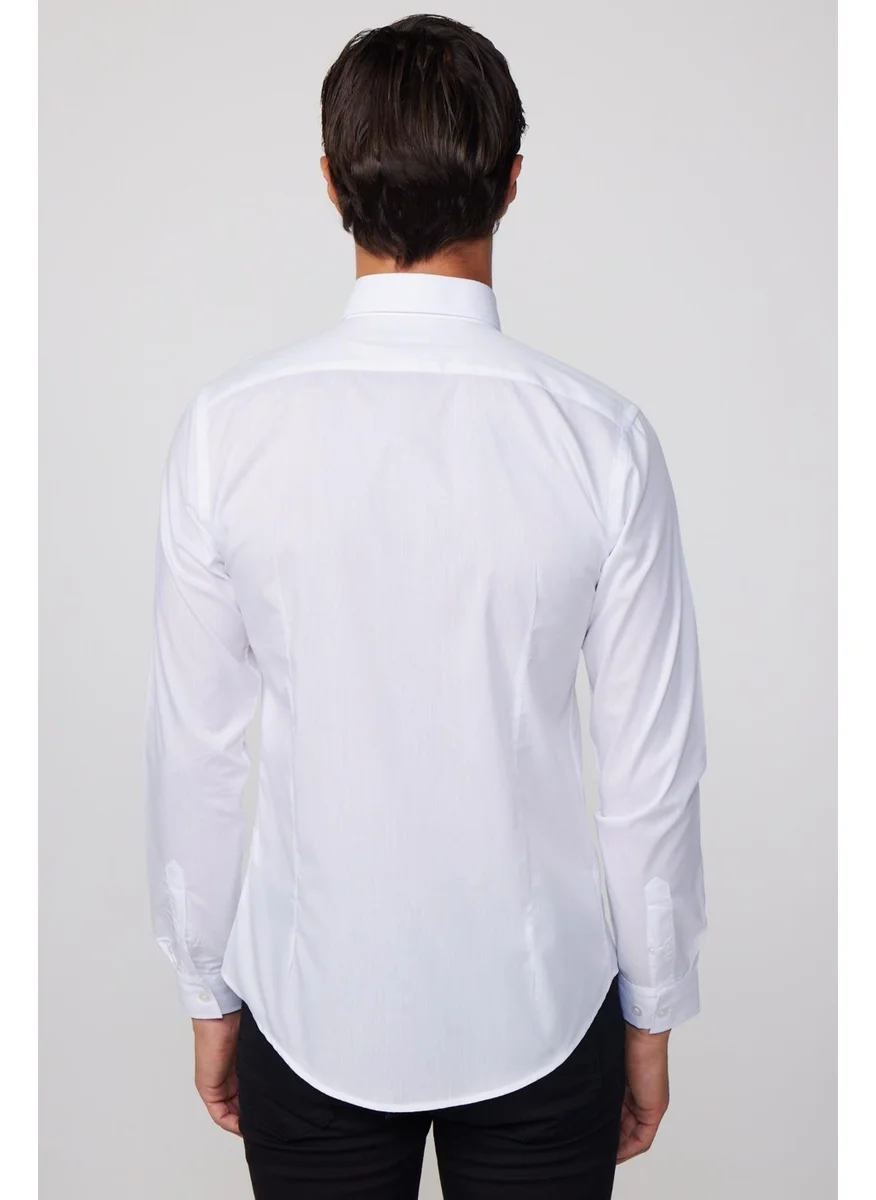 Tudors Slim Fit Plain Trend White Men's Shirt with Darts on the Back and Handles on the Front