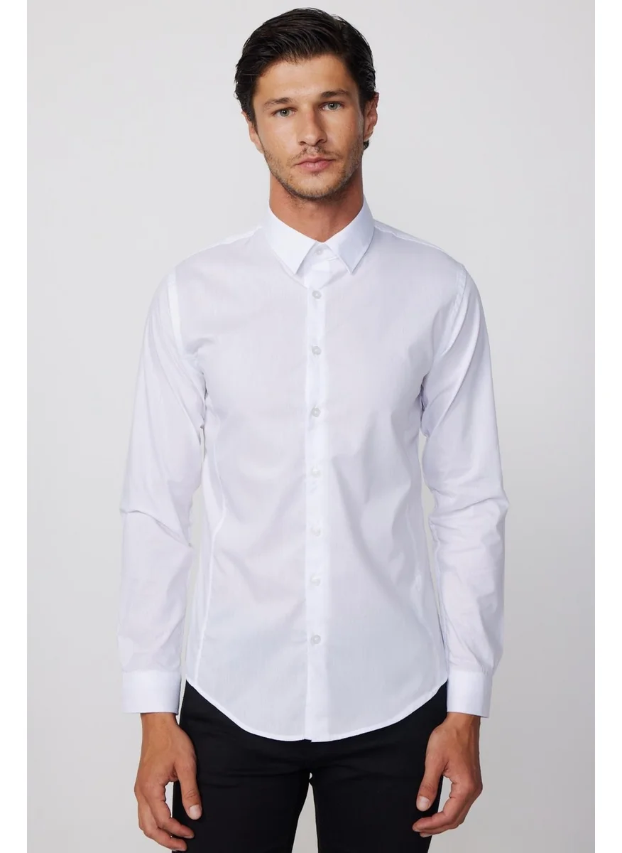 Tudors Slim Fit Plain Trend White Men's Shirt with Darts on the Back and Handles on the Front