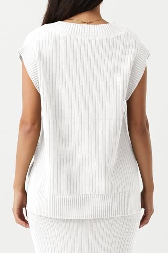 Saodimallsu Womens V Neck Sweater Vest Oversized Ribbed Knit Sleeveless Casual Loose Fit Pullover Tank Top White - Image 3