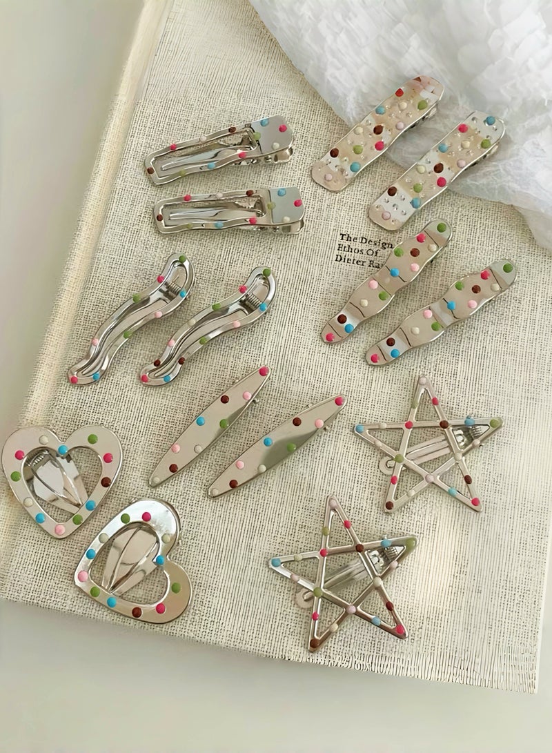 Paraphrase 14-Piece Y2K Polka Dot Hair Clip Set – Cute Retro-Inspired Barrettes with Heart, Star & Wave Designs | Colorful Hair Accessories for Girls & Teens - Image 1
