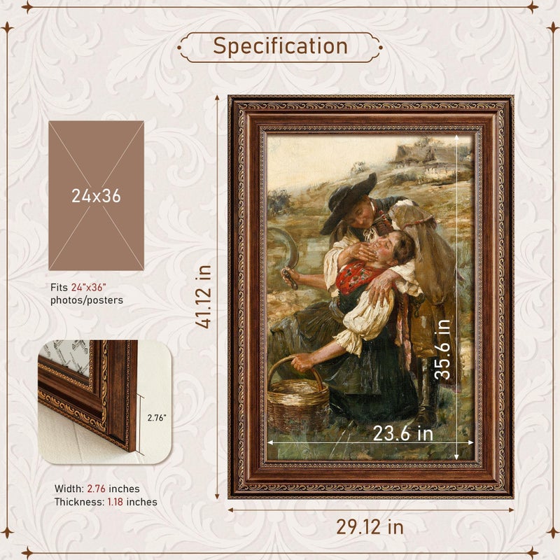 Picrit 24x36 Antique Gold Bronze Poster Frame, 2.75 Inch Wide Ornate Border Victorian Style - Wall Mountable Photo Frame for Gallery Art & Home Decor, 1 Pack - Image 4