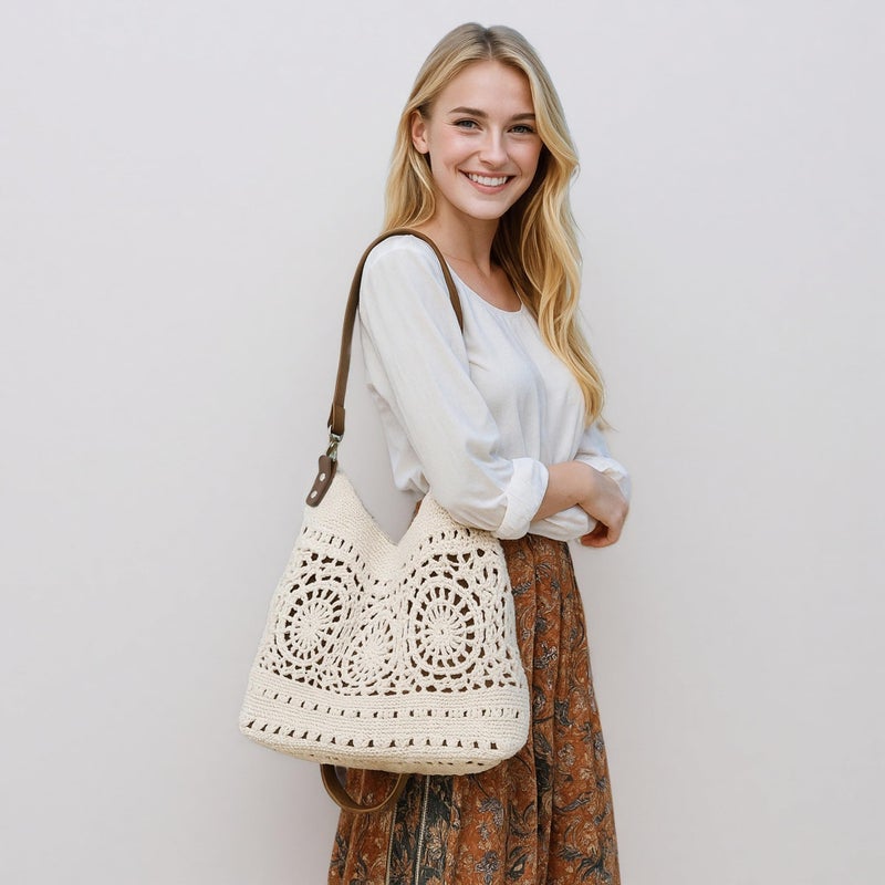 Eiyye Crochet Purse Crossbody Bag for Women Handmade Hobo Purses with Adjustable Strap Summer Beach Large Shoulder Bags for Travel & Everyday Use(Off White) - Image 2