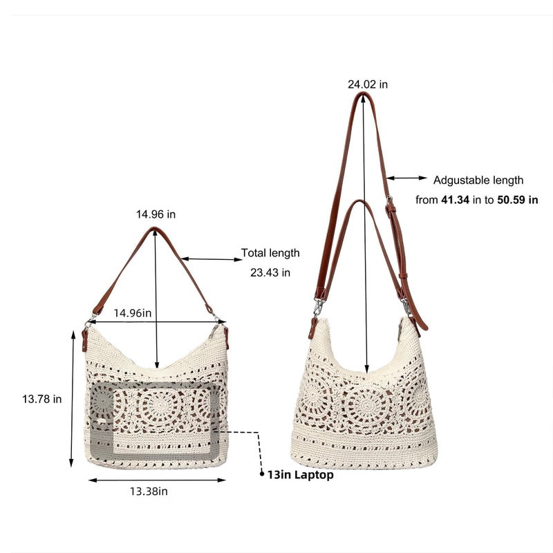 Eiyye Crochet Purse Crossbody Bag for Women Handmade Hobo Purses with Adjustable Strap Summer Beach Large Shoulder Bags for Travel & Everyday Use(Off White) - Image 4