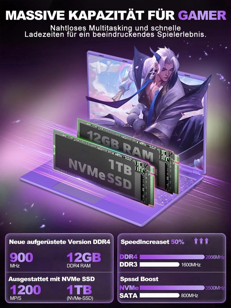 كمبيوتر محمول NOTODD يعمل بنظام Win11، ذاكرة وصول عشوائي 12 جيجابايت + تخزين SSD 512 جيجابايت + قرص صلب HDD 2 تيرابايت، دقة شاشة 1920×1200، معالج رباعي النواة Celeron N5095 بسرعة 2.9 جيجاهرتز، كمبيوتر ألعاب مزود بلوحة أرقام رقمية ومنفذ Type-C - Image 5