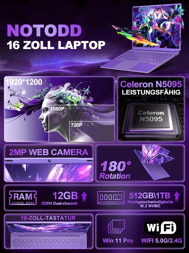 كمبيوتر محمول NOTODD يعمل بنظام Win11، ذاكرة وصول عشوائي 12 جيجابايت + تخزين SSD 512 جيجابايت + قرص صلب HDD 2 تيرابايت، دقة شاشة 1920×1200، معالج رباعي النواة Celeron N5095 بسرعة 2.9 جيجاهرتز، كمبيوتر ألعاب مزود بلوحة أرقام رقمية ومنفذ Type-C - Image 2