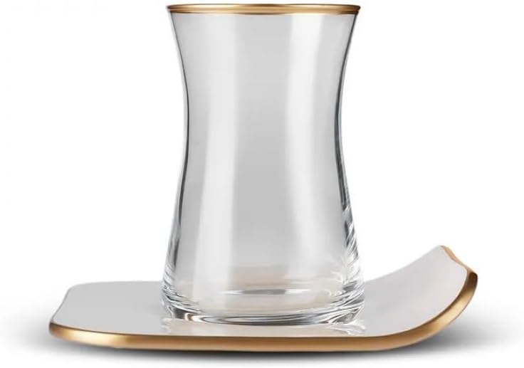 Karaca أكواب شاي تركية عتيقة من 12 قطعة لـ 6 أشخاص، مجموعة أكواب شاي تركية سعة 5.58 أونصة سائلة، زجاج متين بتفاصيل ذهبية وصحون بلون كريمي - Image 1