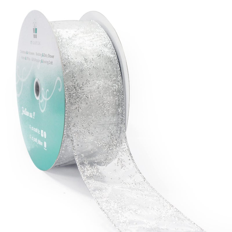 CT CRAFT LLC Organza with Silver Glitter Snowflakes Wired Ribbon 25 inch x 50 Yards for Christmas Home Decor Tree Topper Bow Gift Wrapping DIY Crafts Wreath Garland Wedding