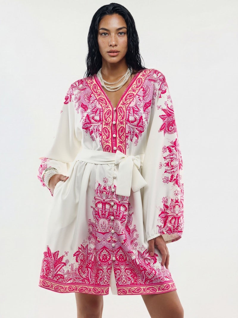 Jennyfer Belted Mini Dress with V-Neck in Paisley - Image 1