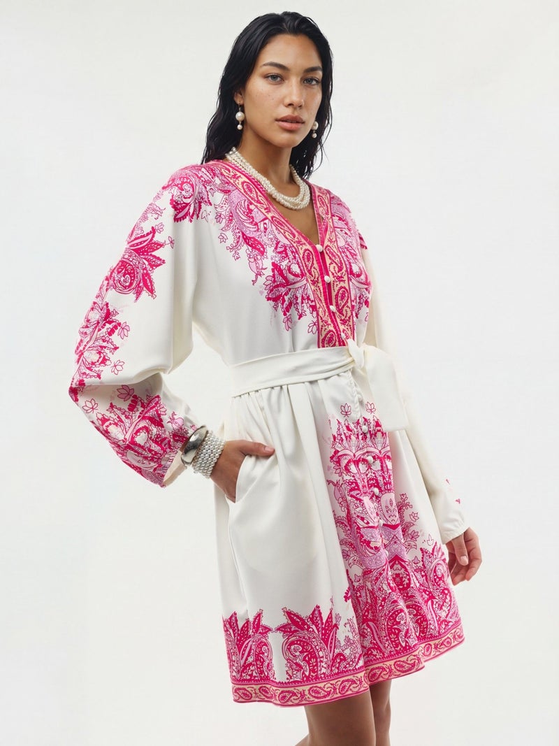 Jennyfer Belted Mini Dress with V-Neck in Paisley - Image 2