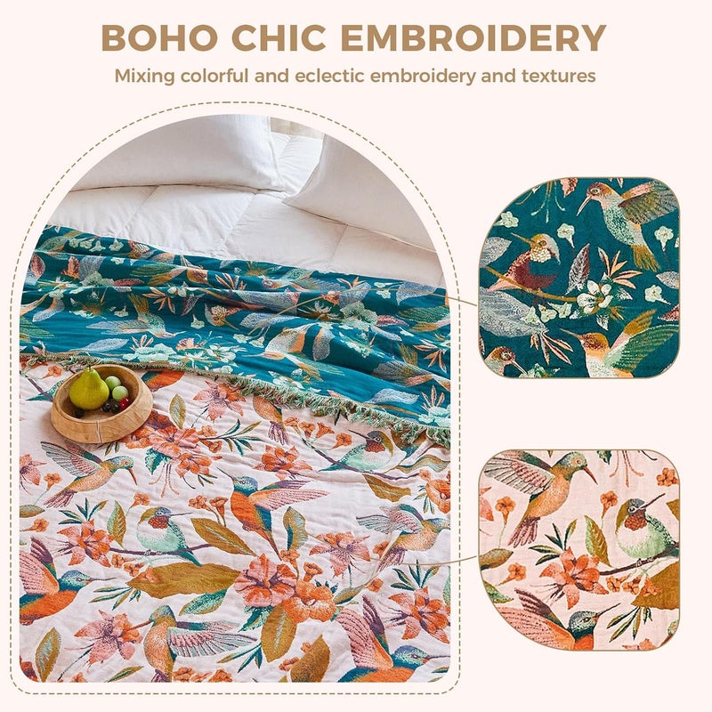 LUTBM Boho Throw Blanket for Bed Cotton Blankets Twin Size for Bedroom Living Room All Season Lightweight Floral Birds Embroidery Quilt for Couch Sofa Chair 60"x80" - Image 3