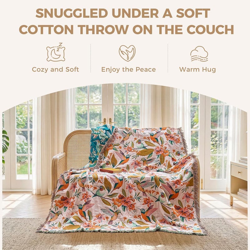 LUTBM Boho Throw Blanket for Bed Cotton Blankets Twin Size for Bedroom Living Room All Season Lightweight Floral Birds Embroidery Quilt for Couch Sofa Chair 60"x80" - Image 4