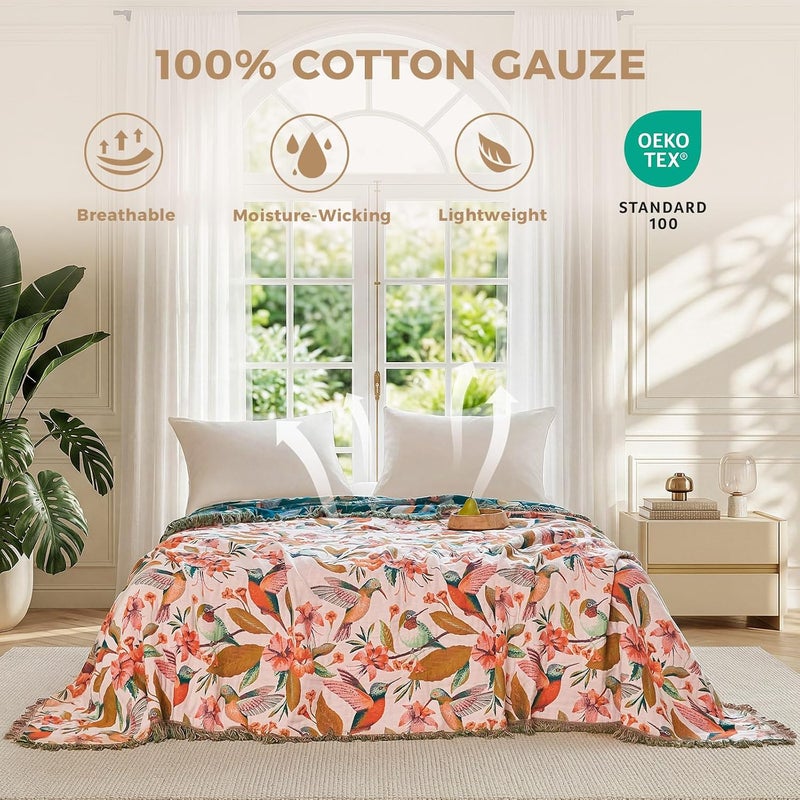 LUTBM Boho Throw Blanket for Bed Cotton Blankets Twin Size for Bedroom Living Room All Season Lightweight Floral Birds Embroidery Quilt for Couch Sofa Chair 60"x80" - Image 2