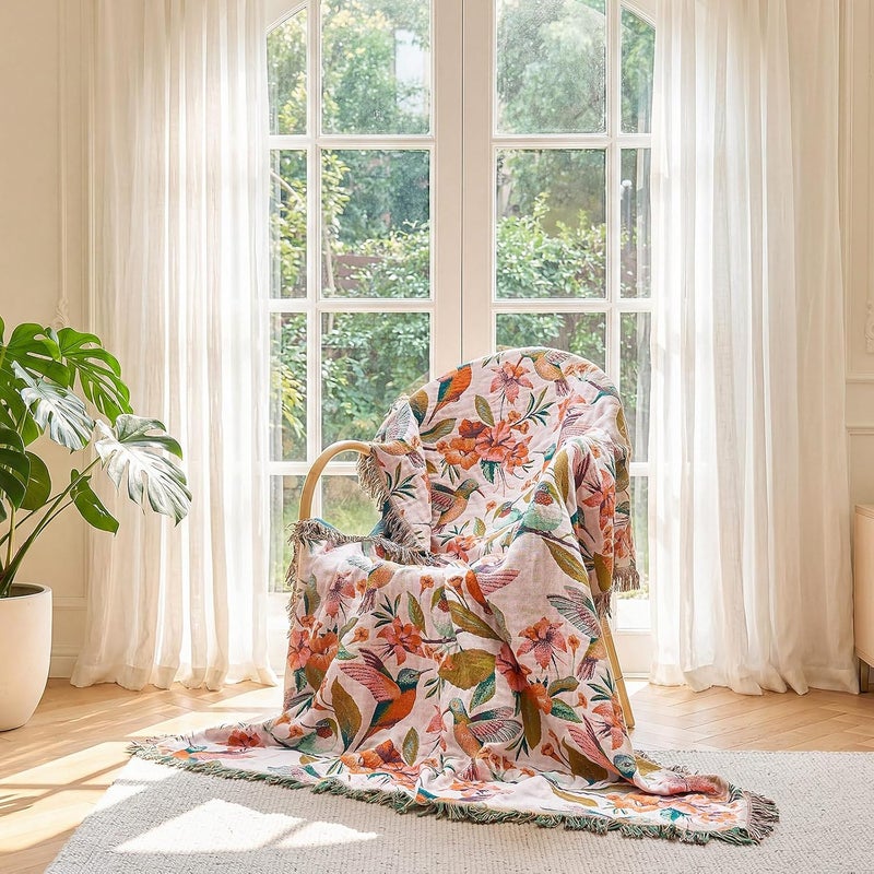 LUTBM Boho Throw Blanket for Bed Cotton Blankets Twin Size for Bedroom Living Room All Season Lightweight Floral Birds Embroidery Quilt for Couch Sofa Chair 60"x80" - Image 5