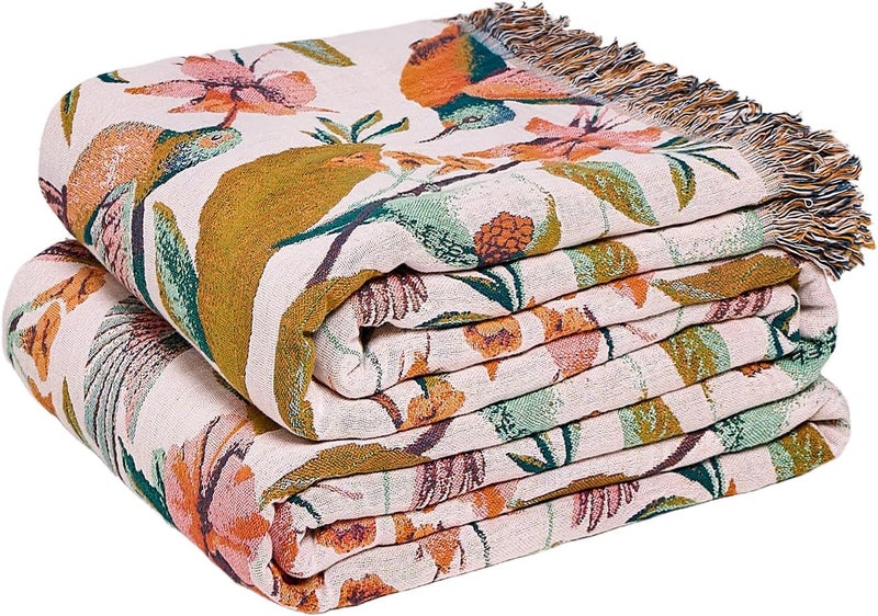 LUTBM Boho Throw Blanket for Bed Cotton Blankets Twin Size for Bedroom Living Room All Season Lightweight Floral Birds Embroidery Quilt for Couch Sofa Chair 60"x80" - Image 1