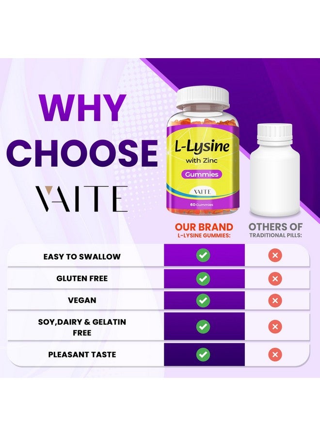 ڤايت علكات L-Lysine 1000mg مع الزنك - تدعم البشرة والشفاه، نباتية، خالية من الجلوتين، 60 قطعة من الليسين قابلة للمضغ للبالغين، فيتامينات صحة الأنسجة والجهاز المناعي، مكملات الأحماض الأمينية والمركبة، غير معدلة وراثيًا - Image 5