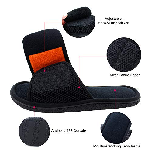 WALKFUN Adjustable House Slippers for Men Open Toe Breathable Indoor Slip on Mens Slides Sandals with Memory Foam for Bedroom,Patio(9-10,Black) - Image 4