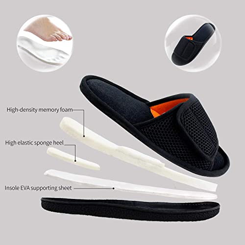 WALKFUN Adjustable House Slippers for Men Open Toe Breathable Indoor Slip on Mens Slides Sandals with Memory Foam for Bedroom,Patio(9-10,Black) - Image 3