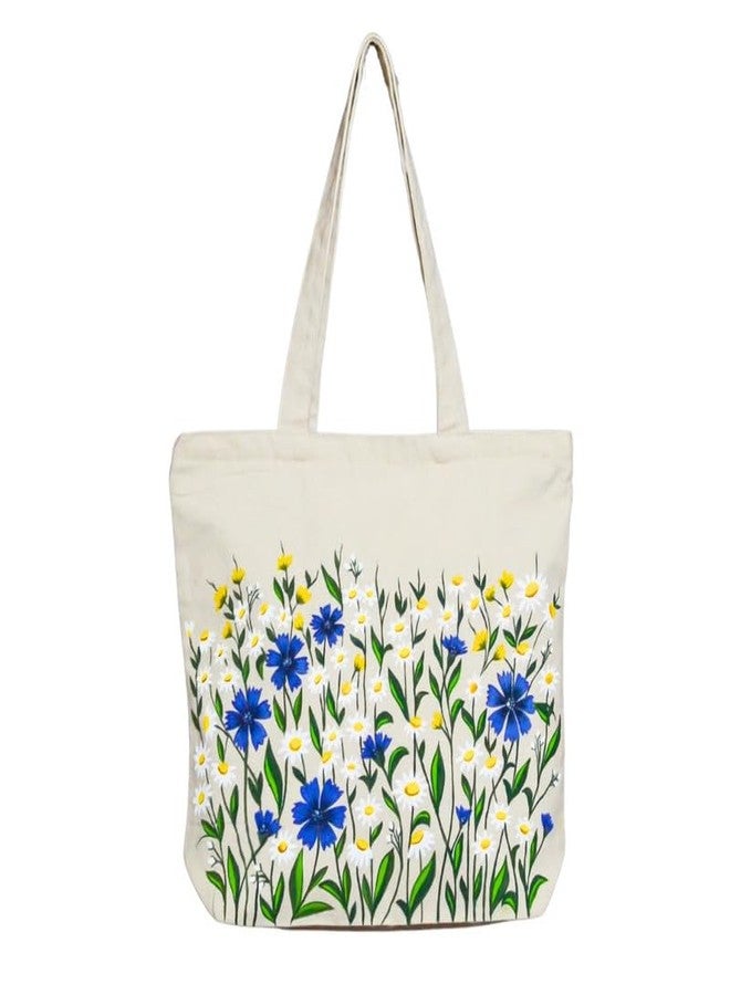 Roundsun Eco-Friendly Floral Hand Painted White Canvas Horizontal Tote Bag | Main YKK Closer | Inner Pocket With Zip Clouser | 300 GSM Cloth (Blue) - Image 1