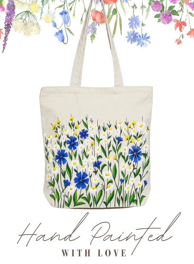 Roundsun Eco-Friendly Floral Hand Painted White Canvas Horizontal Tote Bag | Main YKK Closer | Inner Pocket With Zip Clouser | 300 GSM Cloth (Blue) - Image 4