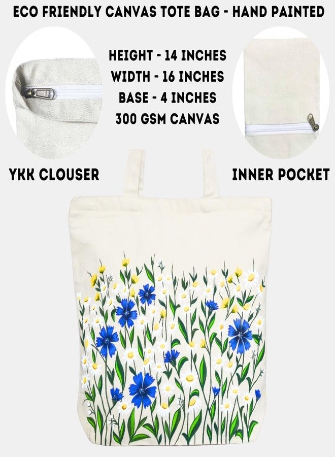 Roundsun Eco-Friendly Floral Hand Painted White Canvas Horizontal Tote Bag | Main YKK Closer | Inner Pocket With Zip Clouser | 300 GSM Cloth (Blue) - Image 5