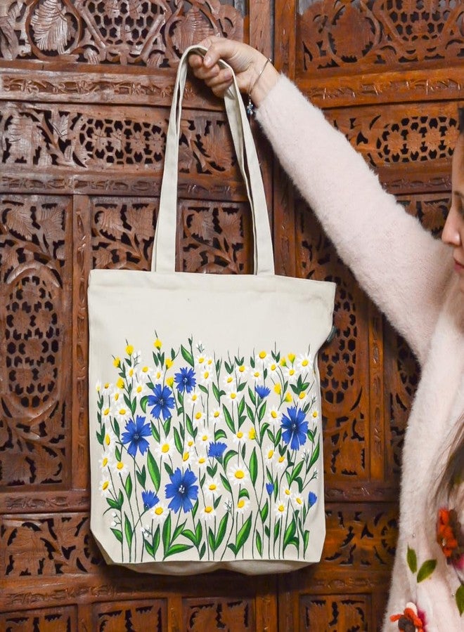 Roundsun Eco-Friendly Floral Hand Painted White Canvas Horizontal Tote Bag | Main YKK Closer | Inner Pocket With Zip Clouser | 300 GSM Cloth (Blue) - Image 3