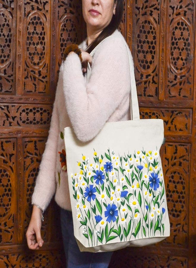 Roundsun Eco-Friendly Floral Hand Painted White Canvas Horizontal Tote Bag | Main YKK Closer | Inner Pocket With Zip Clouser | 300 GSM Cloth (Blue) - Image 2