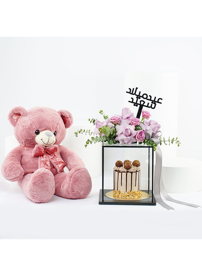 Ferns N Petals Rose Stand With Ferrero Rocher Cake N Teddy Combo