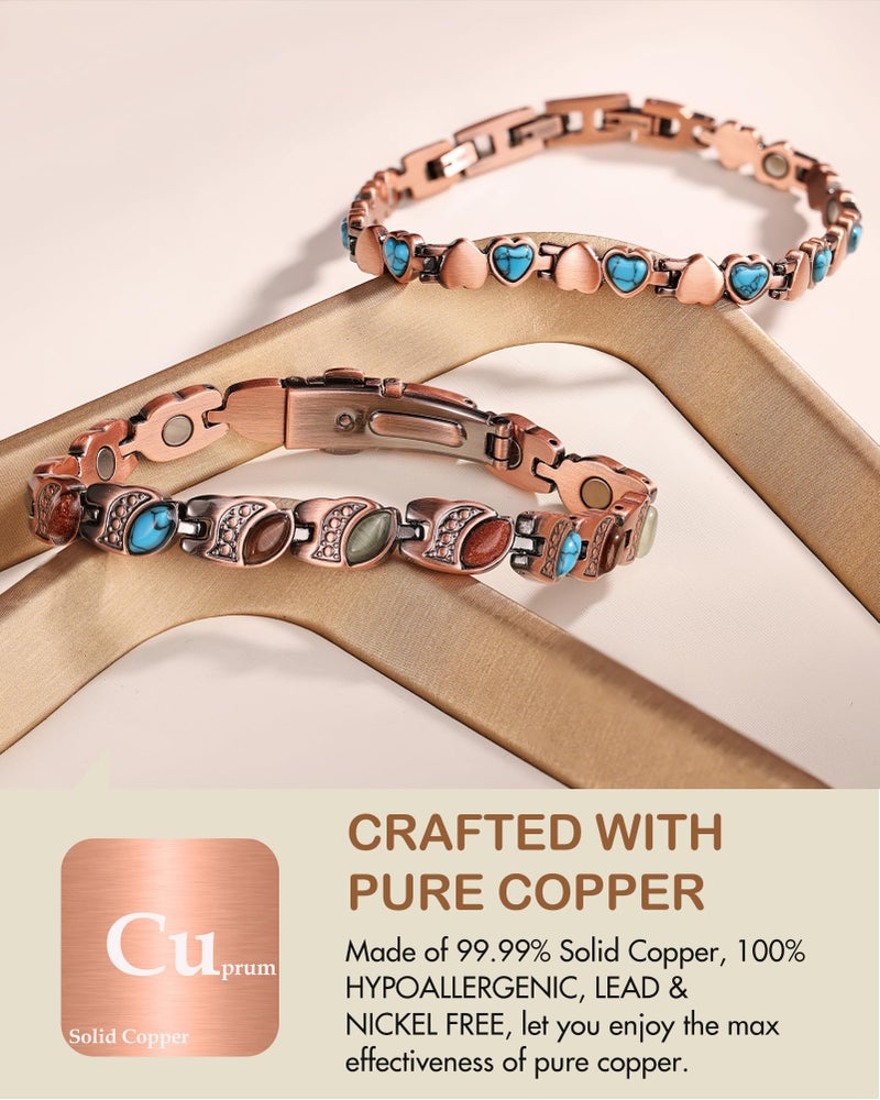 Feraco أساور نحاسية نقية للنساء من فيراكو، سوار نحاسي مغناطيسي فائق القوة مع مغناطيسات بقوة 3800 غاوس، تركواز طبيعي وحجارة، قابل للتعديل، هدية مجوهرات، رؤية الروح - Image 3