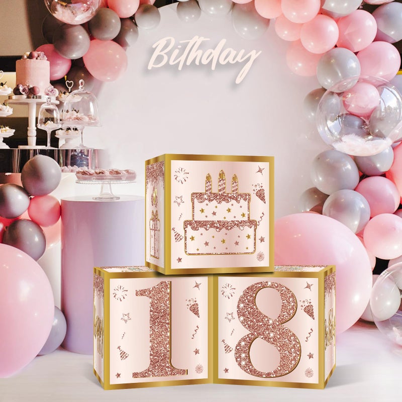 Guiruiy 3Pcs 18th Birthday Decorations Boxes for Girls Women, Pink Rose Gold 18th Birthday Balloons Boxes Party Supplies, Pink Eighteen Year Old Bday Theme Cardboard Box Decor - Image 4
