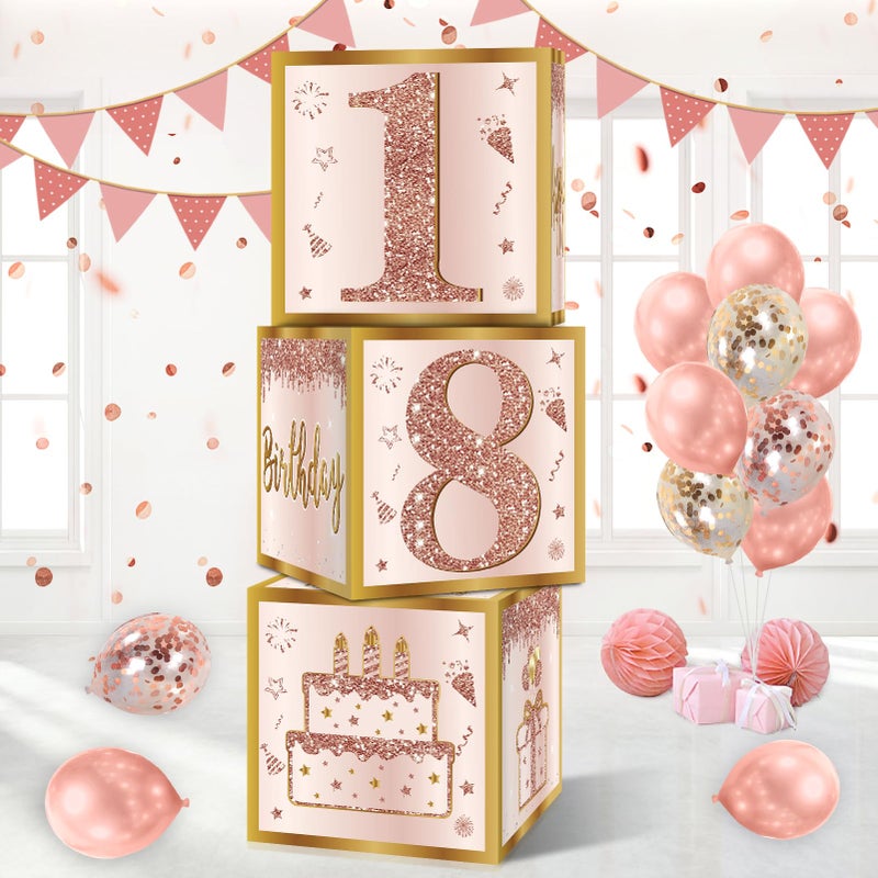 Guiruiy 3Pcs 18th Birthday Decorations Boxes for Girls Women, Pink Rose Gold 18th Birthday Balloons Boxes Party Supplies, Pink Eighteen Year Old Bday Theme Cardboard Box Decor - Image 1