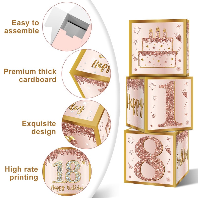 Guiruiy 3Pcs 18th Birthday Decorations Boxes for Girls Women, Pink Rose Gold 18th Birthday Balloons Boxes Party Supplies, Pink Eighteen Year Old Bday Theme Cardboard Box Decor - Image 3