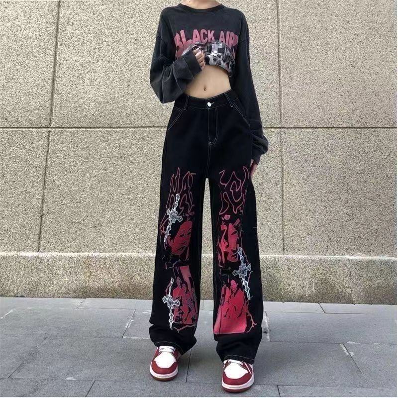 E-Commerce Popular Hip-Hop Dark Character Print Loose Straight Washed Fashion Jeans Casual Pants
