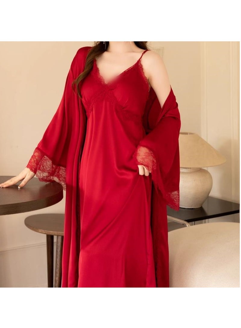 Lace Pajama Women's Thin Ice Silk Two-Piece Set With Suspender Nightgown, Nightgown Extended Version - Image 4