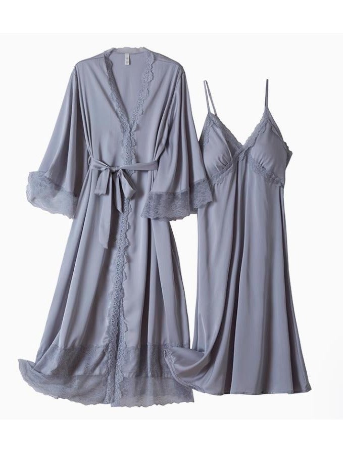 Lace Pajama Women's Thin Ice Silk Two-Piece Set With Suspender Nightgown, Nightgown Extended Version - Image 1
