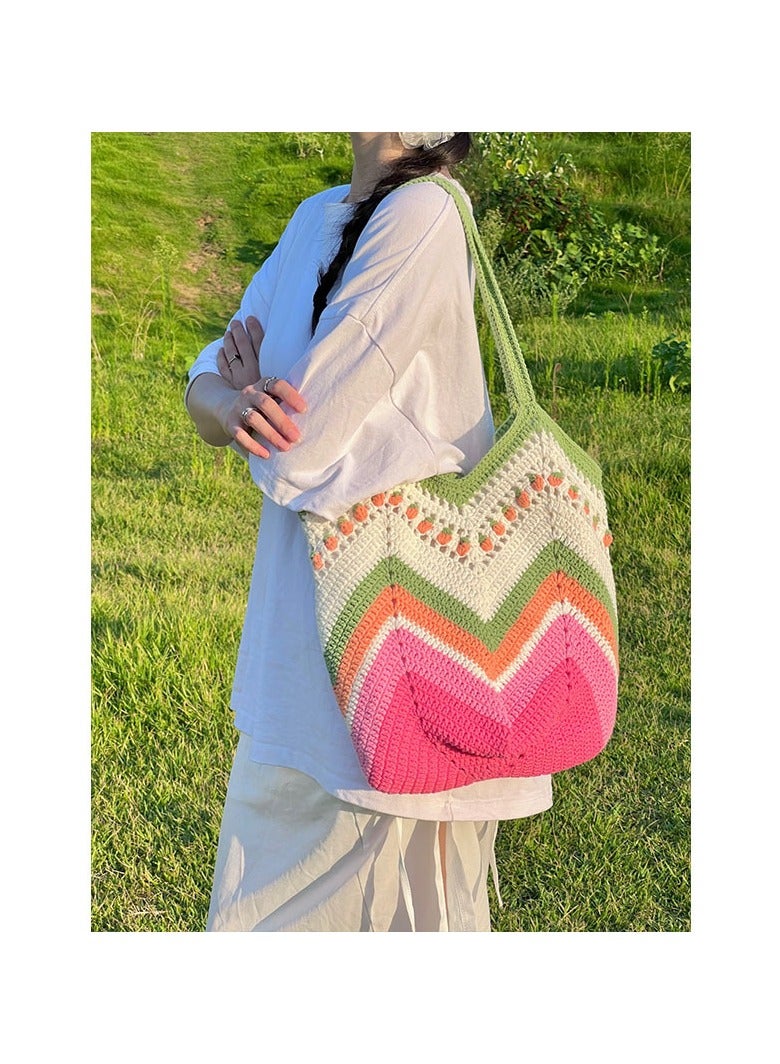 Hand-Crocheted Color-Blocked Large-Capacity Yarn Bag Portable Single-Shoulder Hand-Knitted Handbag - Image 4